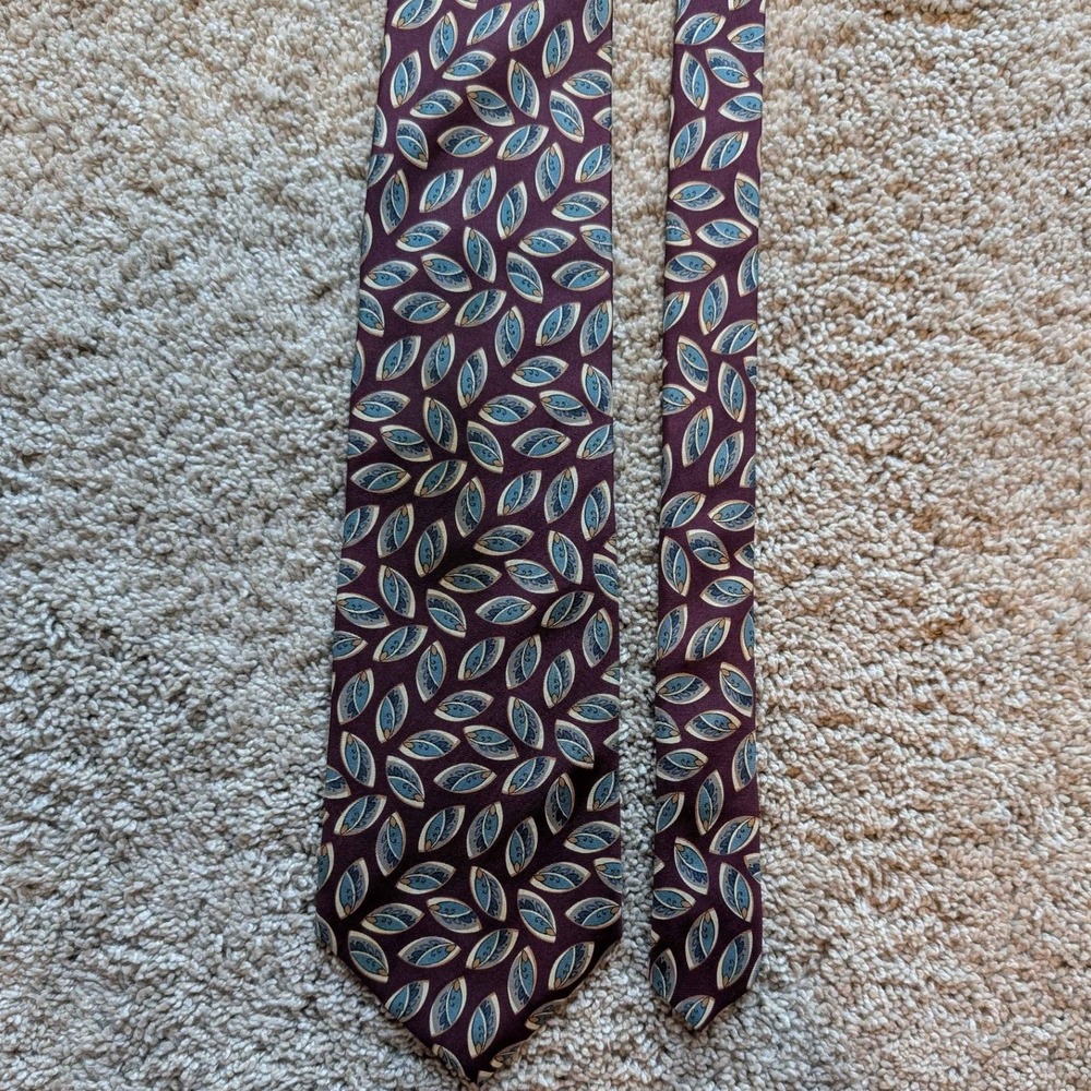 Christian Dior Monsieur Necktie Mens OS Burgundy Blue Silk Leaf Pattern